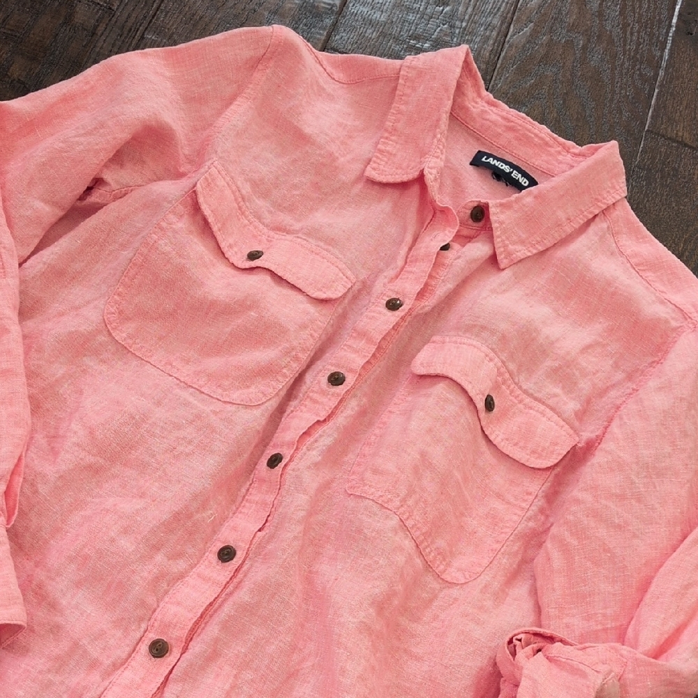 LANDS' END I Casual Pink Linen Oversized Button Up Shirt Top, L/XL (?) - Picture 3 of 11